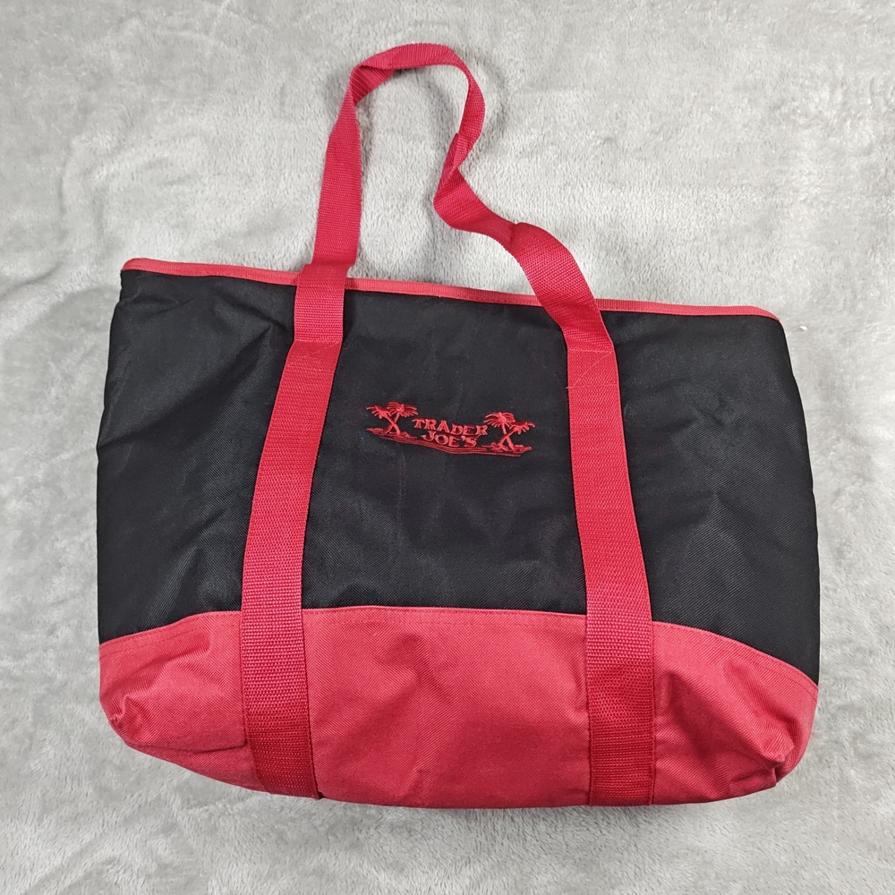 Trader Joes Insulated Tote Bag Large Black Red Palm Tree Logo Zippered